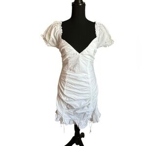 Sky to Moon White V-neck Sweetheart Ruffle Sleeve Ruched Tie Hem Mini Dress L